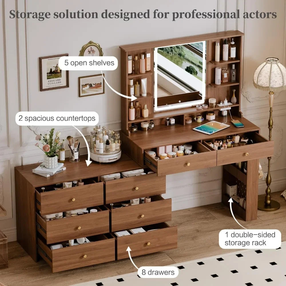 Vanity Desk with Mirror, Lights & Charging Station – 8 Drawers & Adjustable Shelves