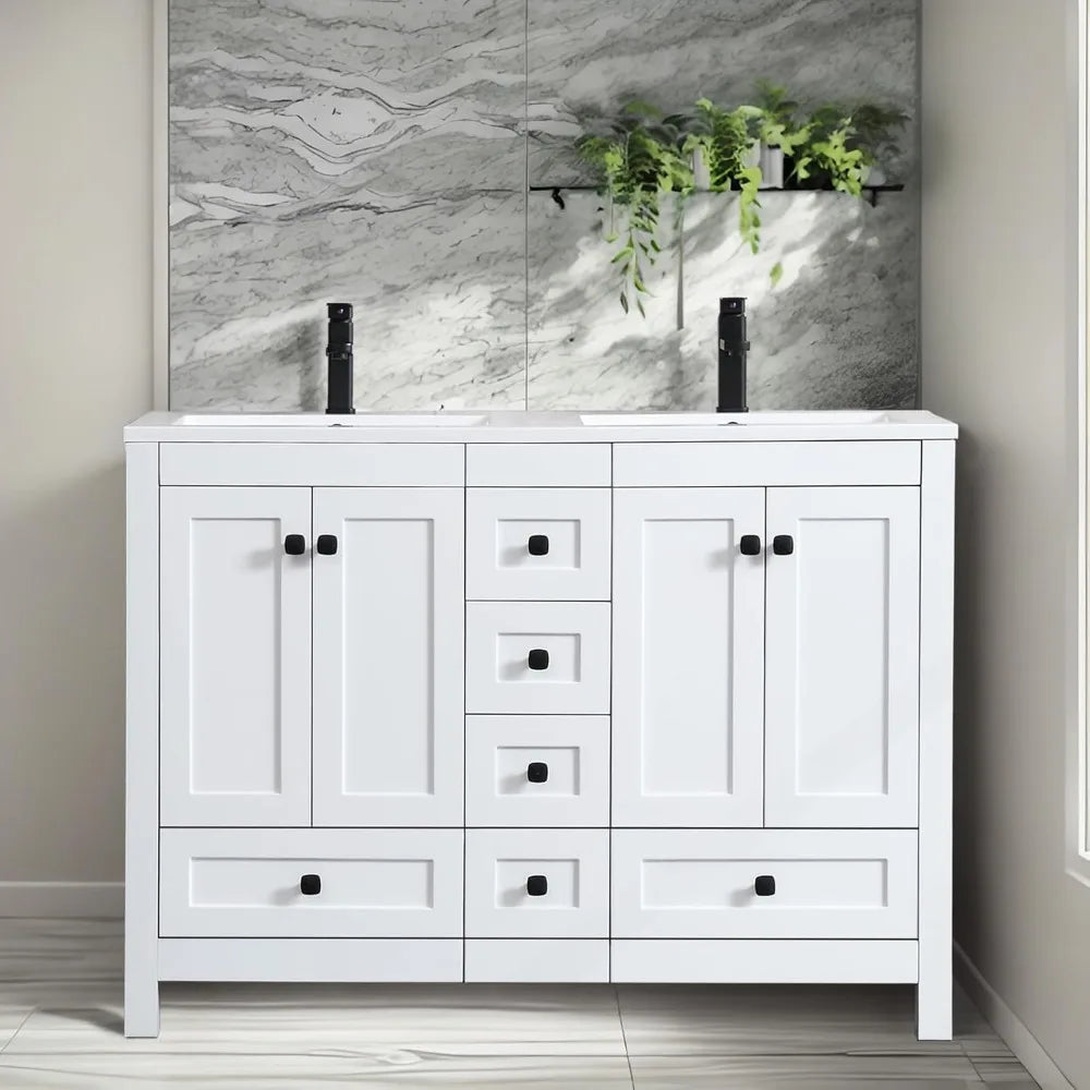 48" Bathroom Vanity Cabinet with Double Sink Combo Set Modern Engineered Wood Base | Durable Resin Sinks | Black Faucets | Ample Storage with Soft-Close Doors & Drawers