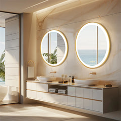 32" Round LED Bathroom Mirror with Gold Frame – Illuminated Wall Vanity Mirror with Anti-Fog, 3 Light Modes & Memory Function