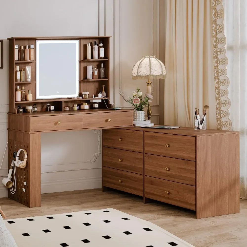 Vanity Desk with Mirror, Lights & Charging Station – 8 Drawers & Adjustable Shelves