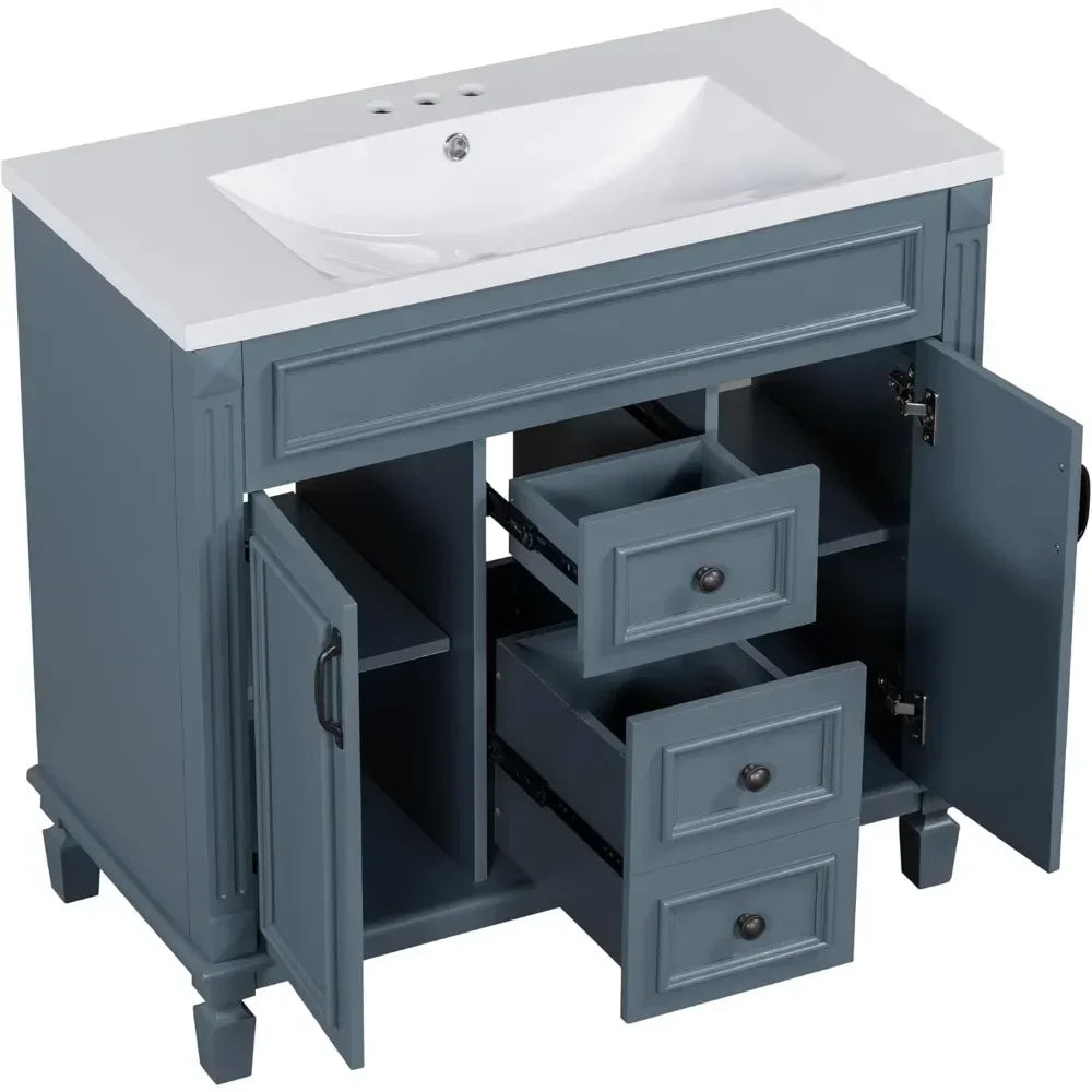 36” Bathroom Vanity with Sink – Solid Wood Frame, Integrated Sink, 2 Doors & 2 Drawers, Matching Mirror Cabinet