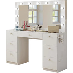 Vanity Desk with Mirror Lights, 7 Drawers, Crystal Knobs, USB Type-C & Type-A, Power Outlet, Hair Dryer Rack, Stylish Makeup Station