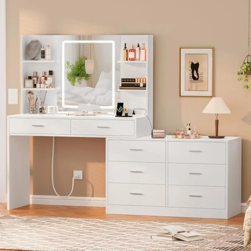 Modern Vanity Desk with LED Mirror, Corner Makeup Table with 8 Drawers & Storage Shelves – White