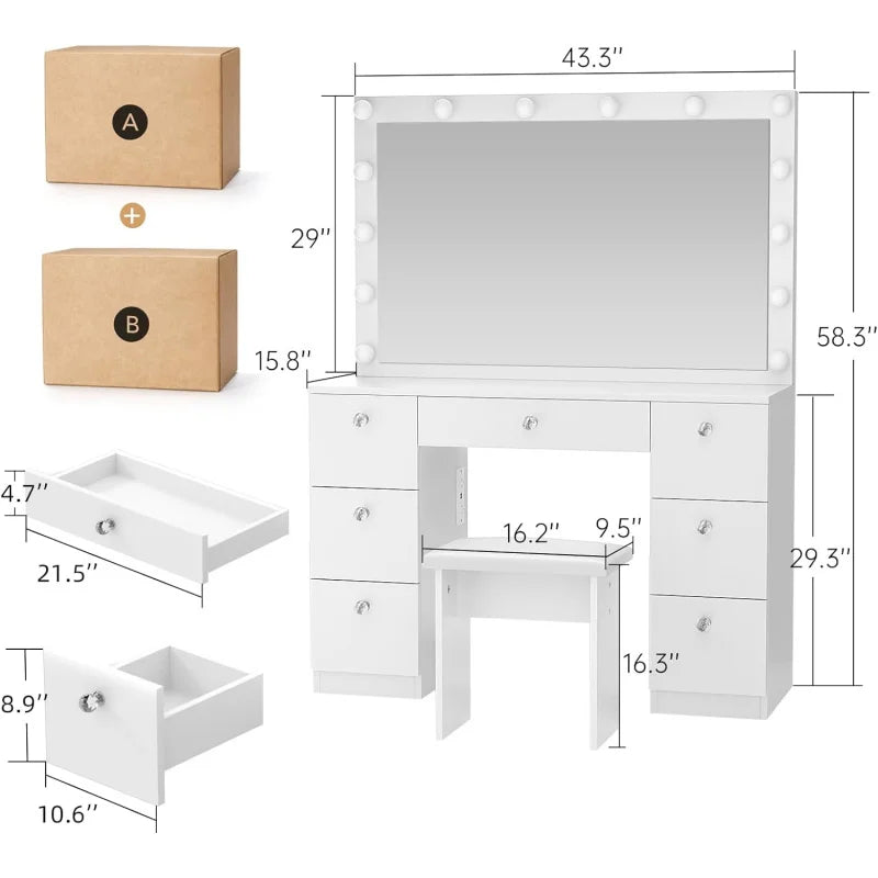 Vanity Desk with Lighted Mirror, 3-Color Modes & Charging Station – 7 Drawers