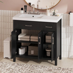 36" Black Bathroom Vanity Cabinet with Resin Integrated Sink, 2 Drawers & 3 Doors