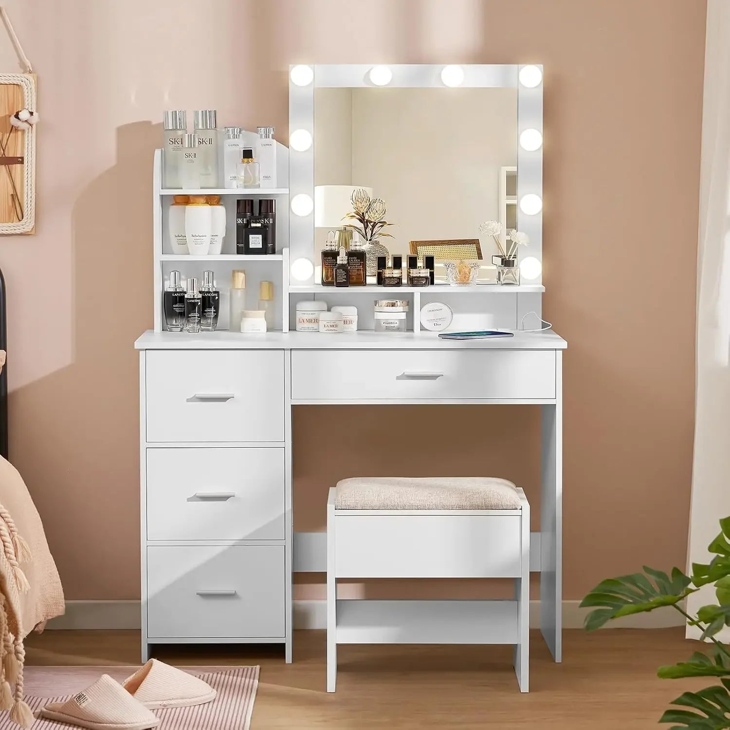 Makeup Vanity Desk with Lighted Mirror, 10 Bulbs, Charging Station & 4-Drawer Chest