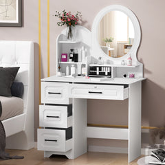 31.5" Vanity Desk with LED Mirror & Stool – Makeup Table with 4 Drawers & Open Storage Shelves