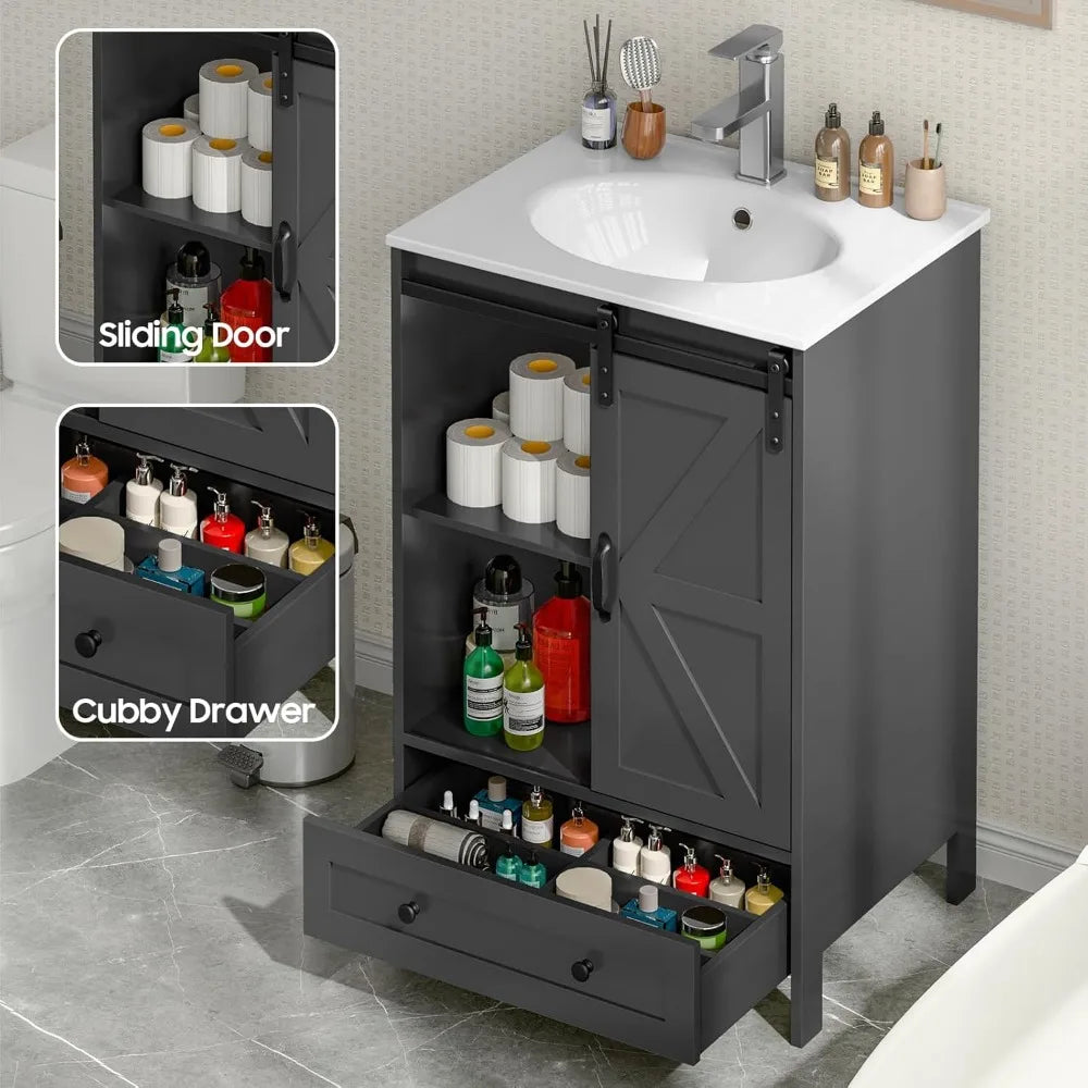 24" Freestanding Bathroom Vanity with Sliding Door, Sink & Faucet Set