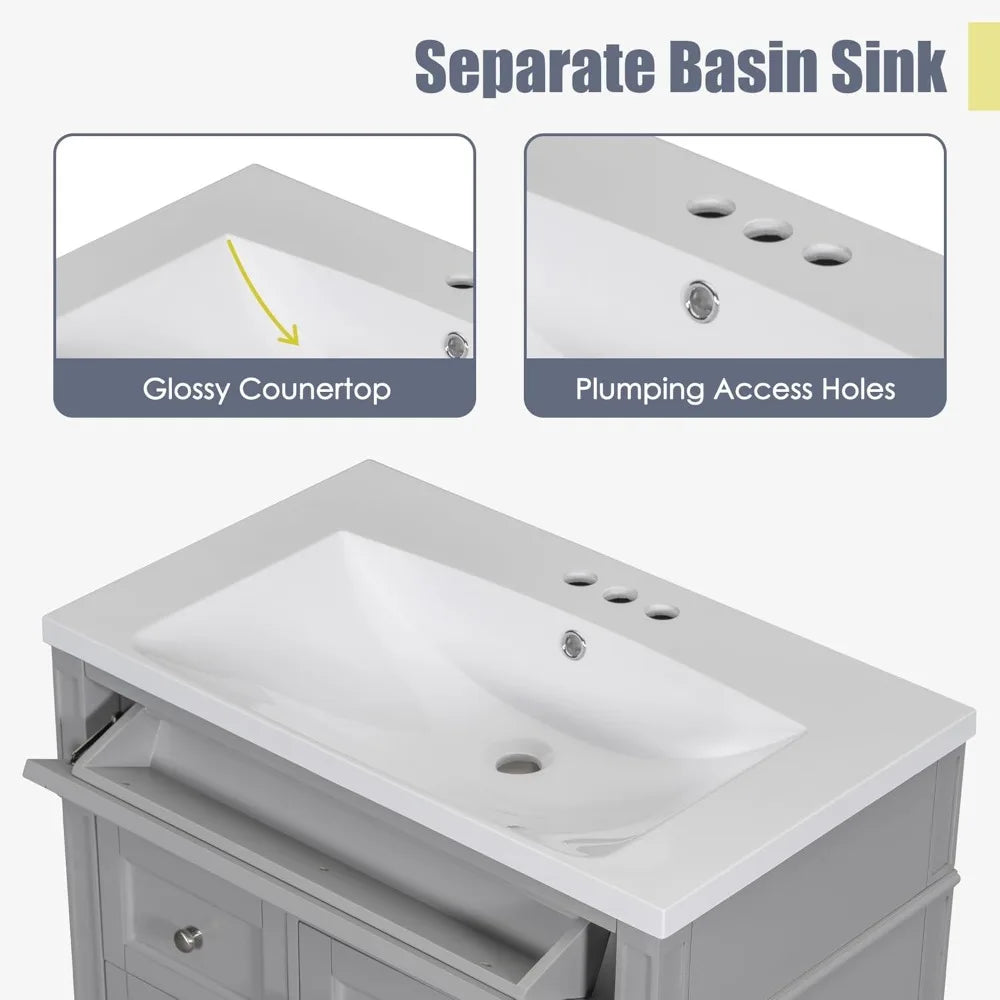 30" Bathroom Vanity with Sink – Freestanding Cabinet with 2 Drawers & Tip-Out Drawer
