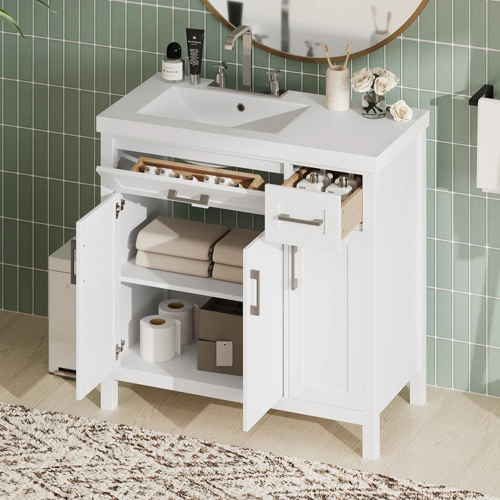 36" Black Bathroom Vanity Cabinet with Resin Integrated Sink, 2 Drawers & 3 Doors