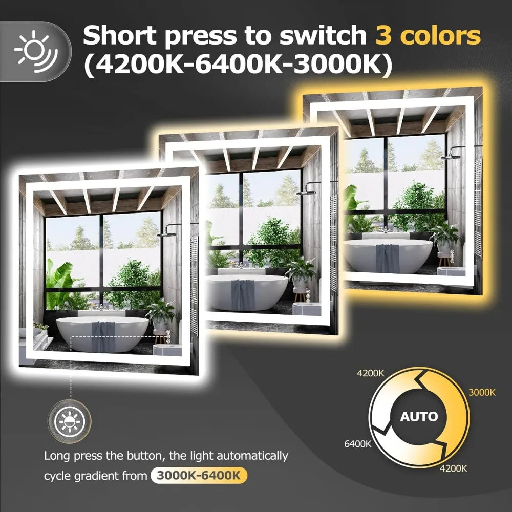36"x36" LED Bathroom Mirror with Front & Backlight – Dimmable, Anti-Fog, Smart Memory Function