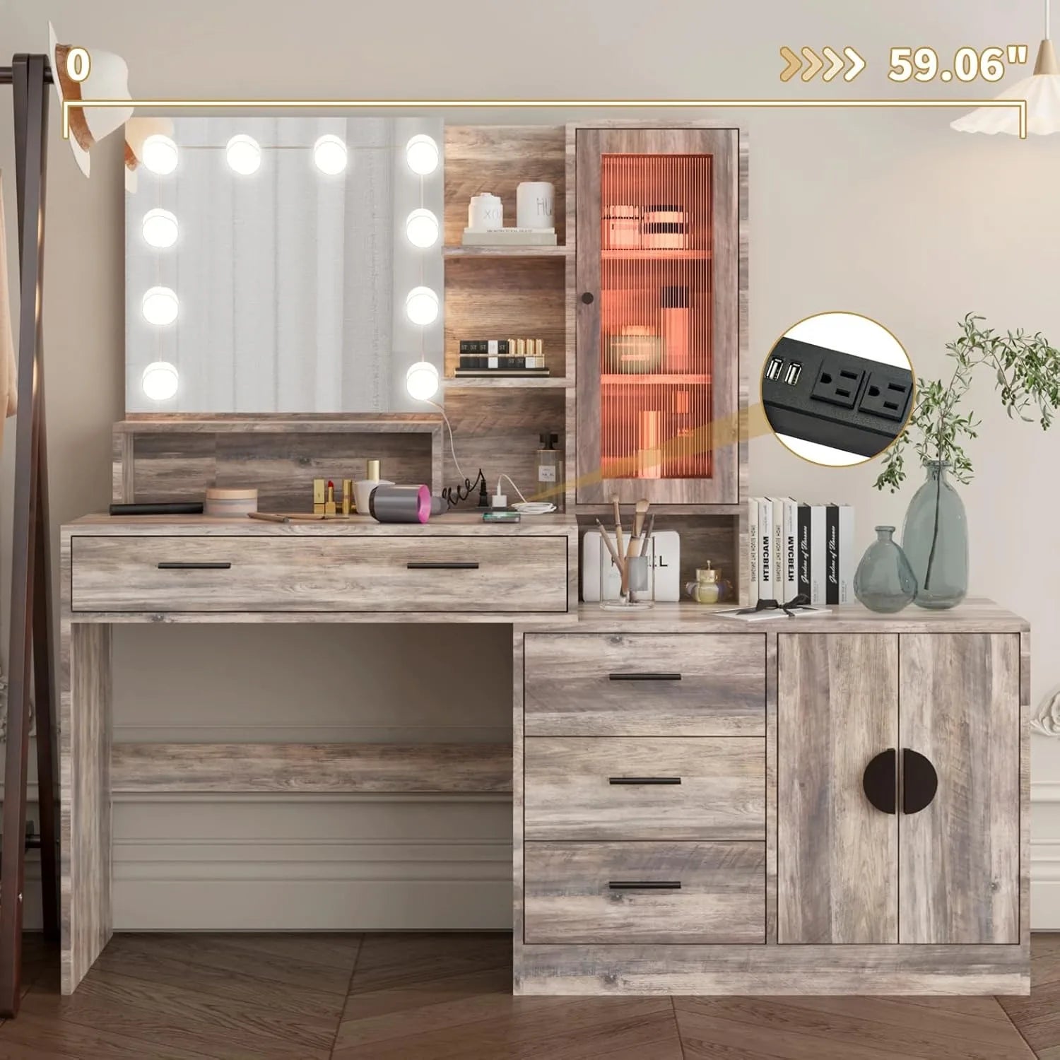 Vanity Desk with Lighted Mirror & Charging Station Makeup Vanity Table with Drawers, Storage Shelves, 10 LED Lights, and Adjustable Brightness