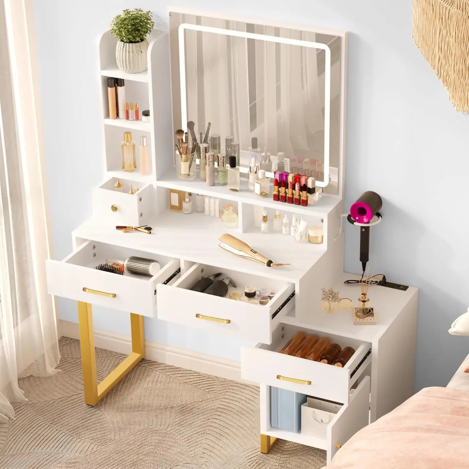 Makeup Vanity Desk with Mirror, Lights & Power Outlet 4 Drawers, Shelves, Cabinet, Dressing Table with Stool, 3-Color LED Lighting