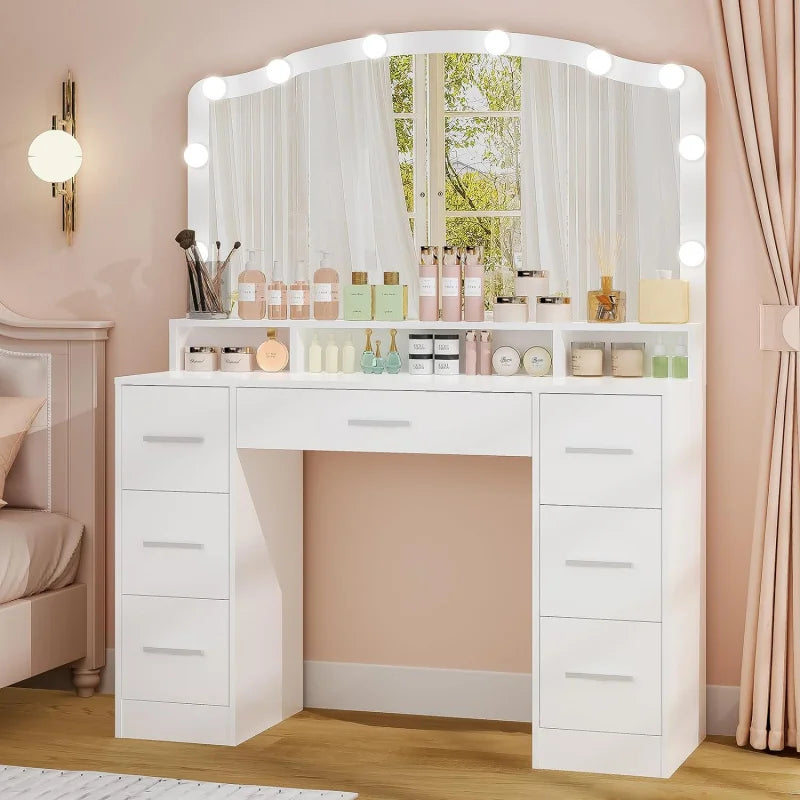 Usikey 43.3" Makeup Vanity Table with Lighted Mirror – 7 Drawers, 10 Bulbs & 3 Lighting Colors, Large Dressing Table