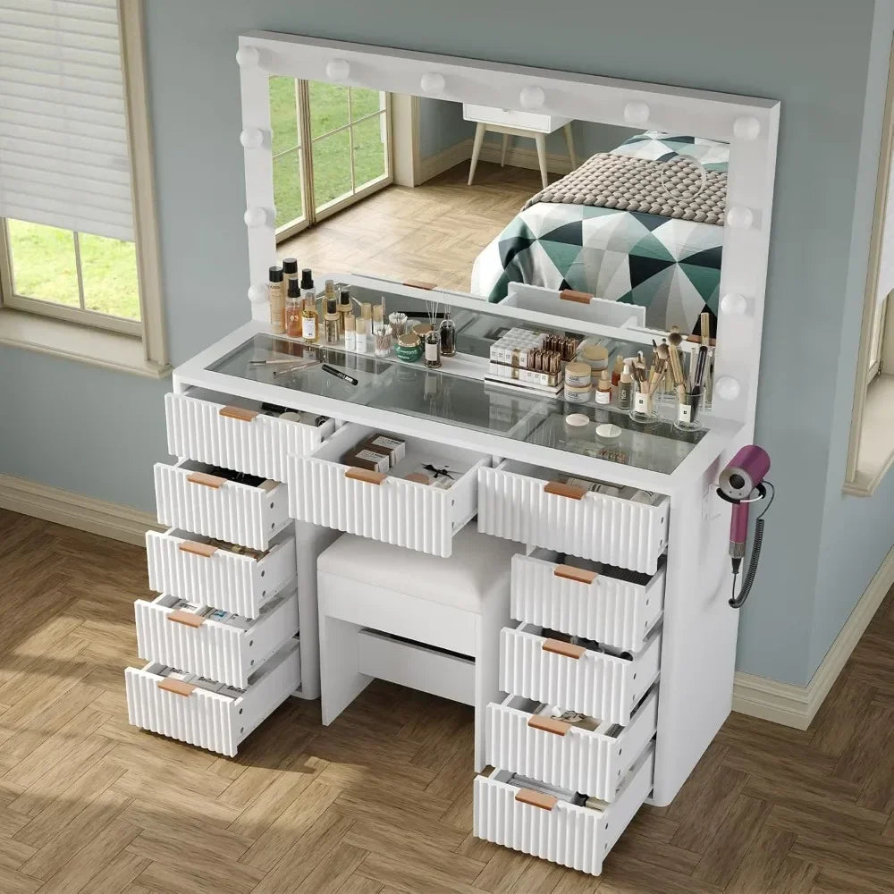Vanity Desk with Lighted Mirror, Glass Top & Power Outlet – Includes Stool & 11 Drawers