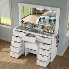 Vanity Desk with Lighted Mirror, Glass Top & Power Outlet – Includes Stool & 11 Drawers