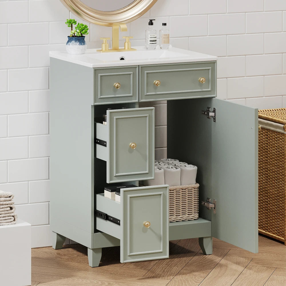 24-Inch Blue Bathroom Vanity Cabinet with Ceramic Sink, 2 Drawers & 1 Door – Solid Wood & MDF Construction