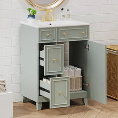24-Inch Blue Bathroom Vanity Cabinet with Ceramic Sink, 2 Drawers & 1 Door – Solid Wood & MDF Construction
