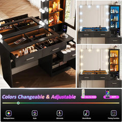 Glass Top Vanity with Mirror & RGB Lights, Black Makeup Desk, Charging Station, 5 Drawers, Adjustable Lighting, Modern Design