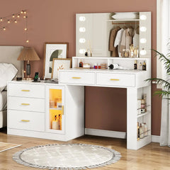 Makeup Vanity Desk with Mirror & LED Lights, White Vanity Table, Charging Station, 3 Drawers, LED Dresser, Adjustable Lighting, Modern Design