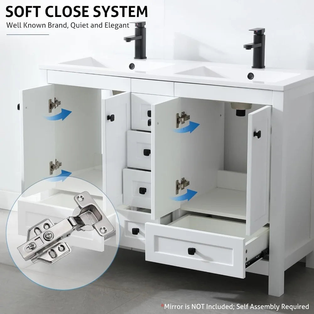 48" Bathroom Vanity Cabinet with Double Sink Combo Set Modern Engineered Wood Base | Durable Resin Sinks | Black Faucets | Ample Storage with Soft-Close Doors & Drawers