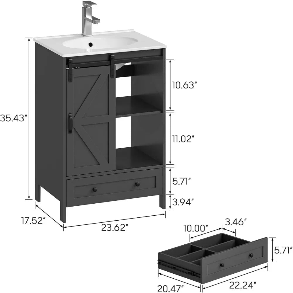 24" Freestanding Bathroom Vanity with Sliding Door, Sink & Faucet Set