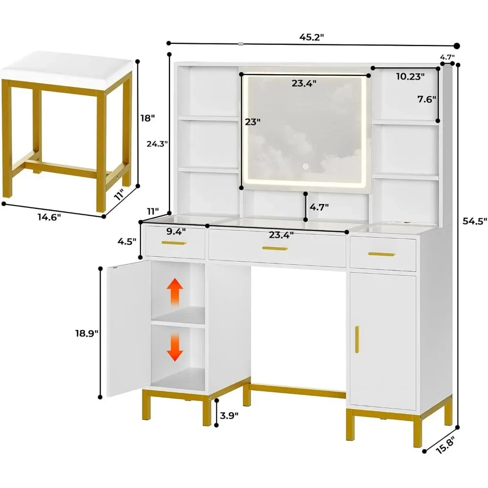 Vanity Desk with Openable Mirror and Lights, Glass Tabletop Makeup Vanity Set with Charging Station – White