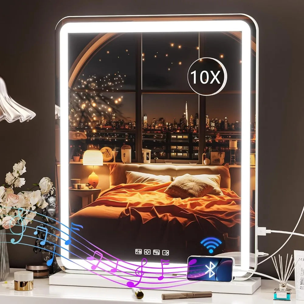 Vanity Mirror with Lights, Bluetooth Speaker & 10X Magnifier – USB Charging, Touch Control, 3 Light Modes
