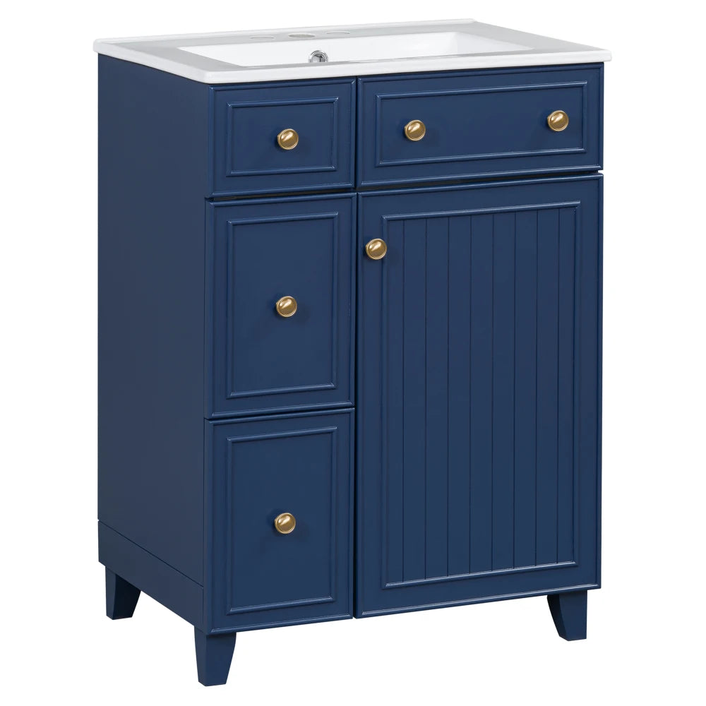 24-Inch Blue Bathroom Vanity Cabinet with Ceramic Sink, 2 Drawers & 1 Door – Solid Wood & MDF Construction