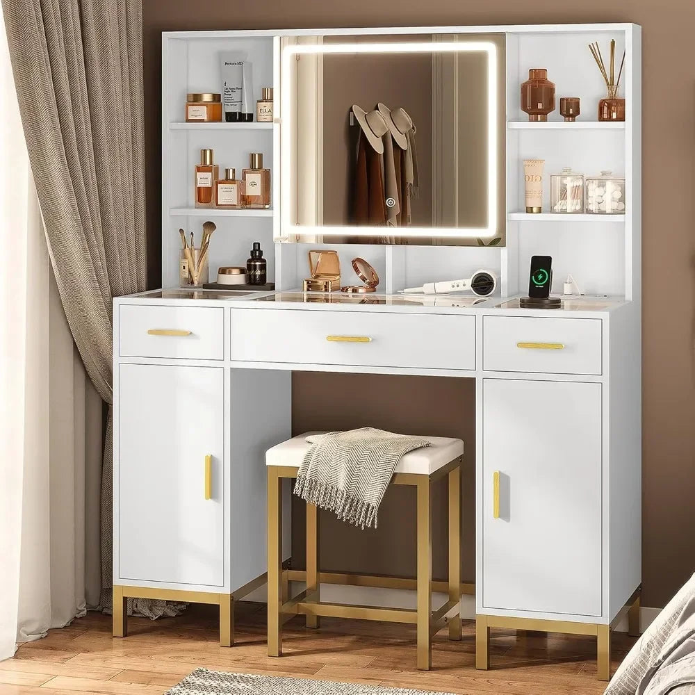Makeup Vanity Desk with Mirror, LED Lights & Charging Station | 45" Wide White Vanity Set with Ample Storage
