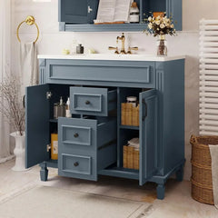36” Bathroom Vanity with Sink – Solid Wood Frame, Integrated Sink, 2 Doors & 2 Drawers, Matching Mirror Cabinet