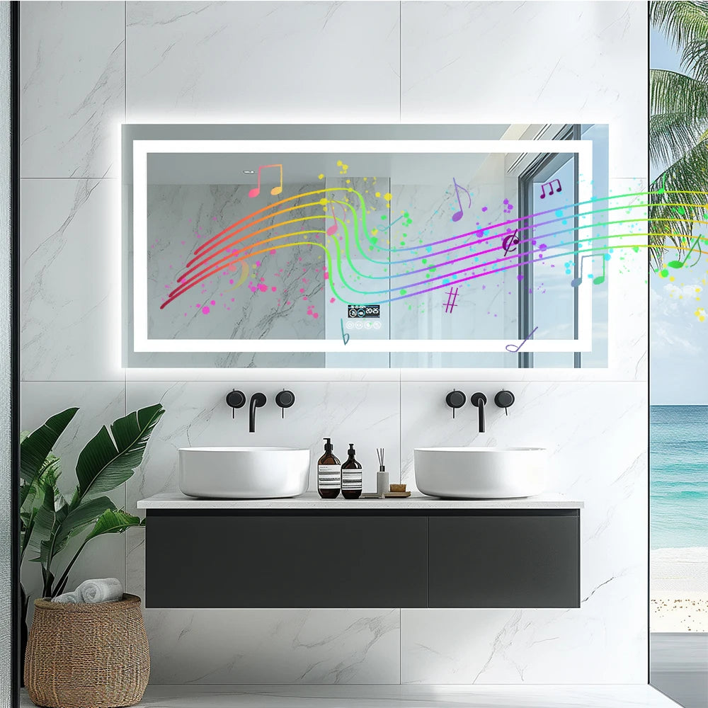 Smart LED Bathroom Mirror with Bluetooth Speaker & Display – Anti-Fog, Dimmable, Dual Light, 3 Color Modes
