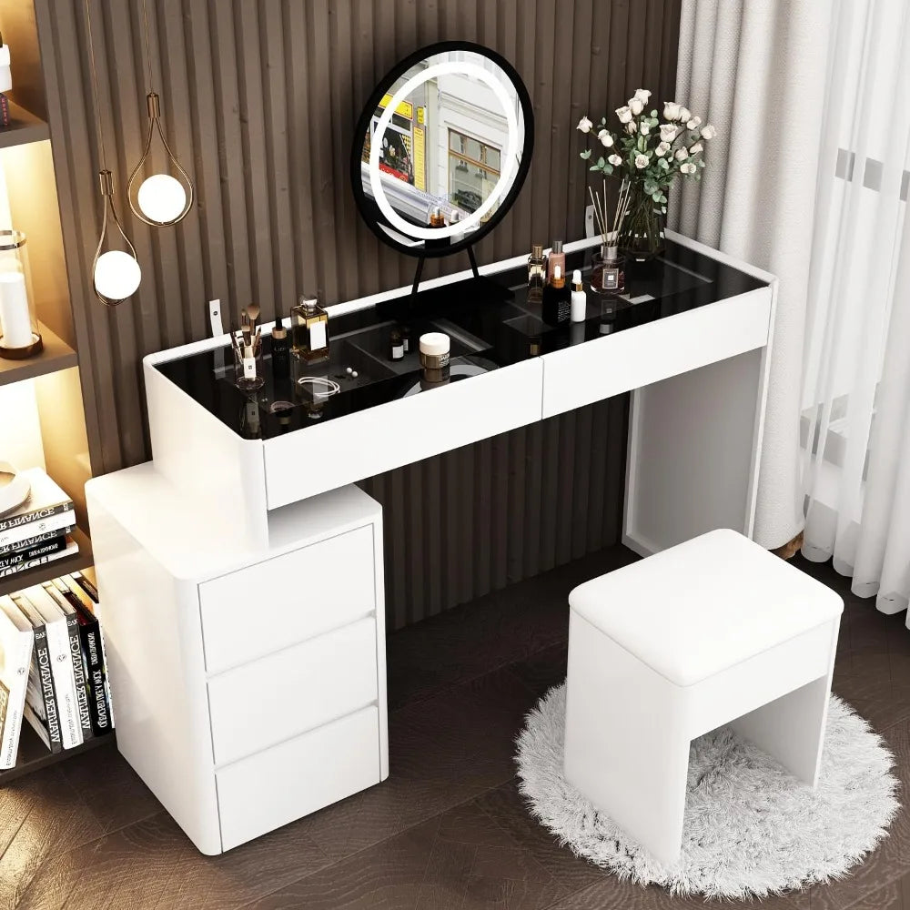 Makeup Vanity Desk Set with Lighted Mirror, Glass Top & Drawer Organizer – White Vanity Table with Movable Cabinet & Stool