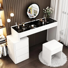 Makeup Vanity Desk Set with Lighted Mirror, Glass Top & Drawer Organizer – White Vanity Table with Movable Cabinet & Stool