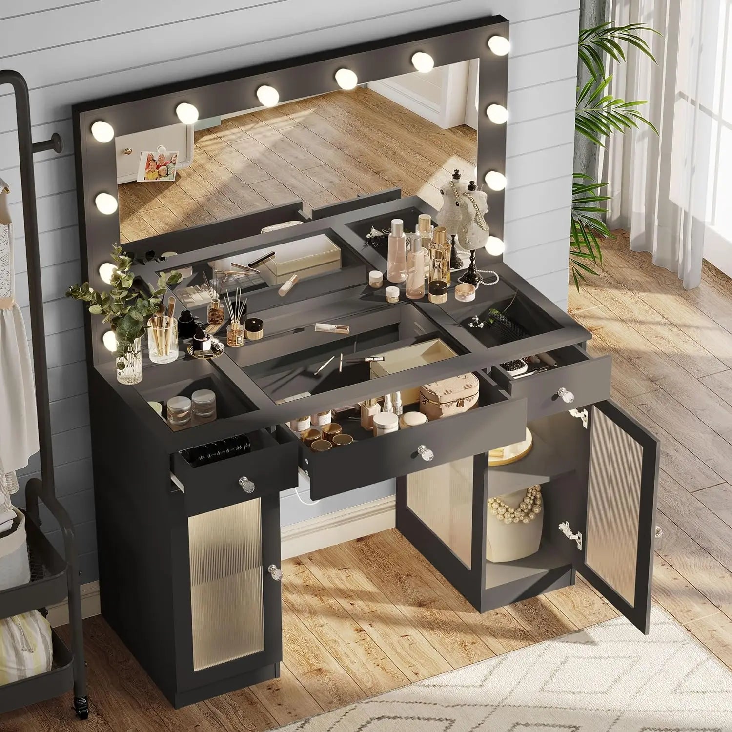 43" Glass Top Vanity Desk with Mirror, Lights & Power Outlet – 3 Drawers, Cabinets & Adjustable LED Modes