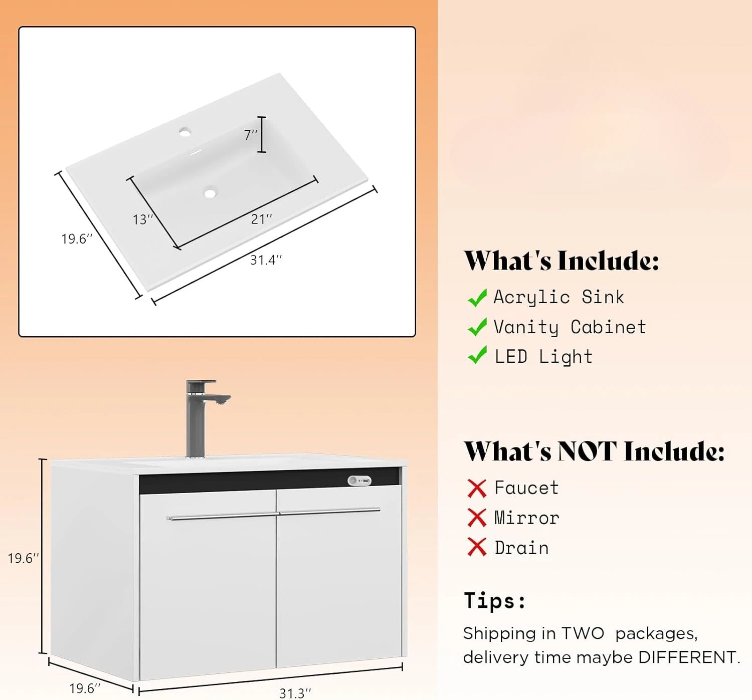 Floating Bathroom Vanity with Sink and High Gloss Finish – Wall-Mounted Vanity Cabinet with Smart Sensor Light