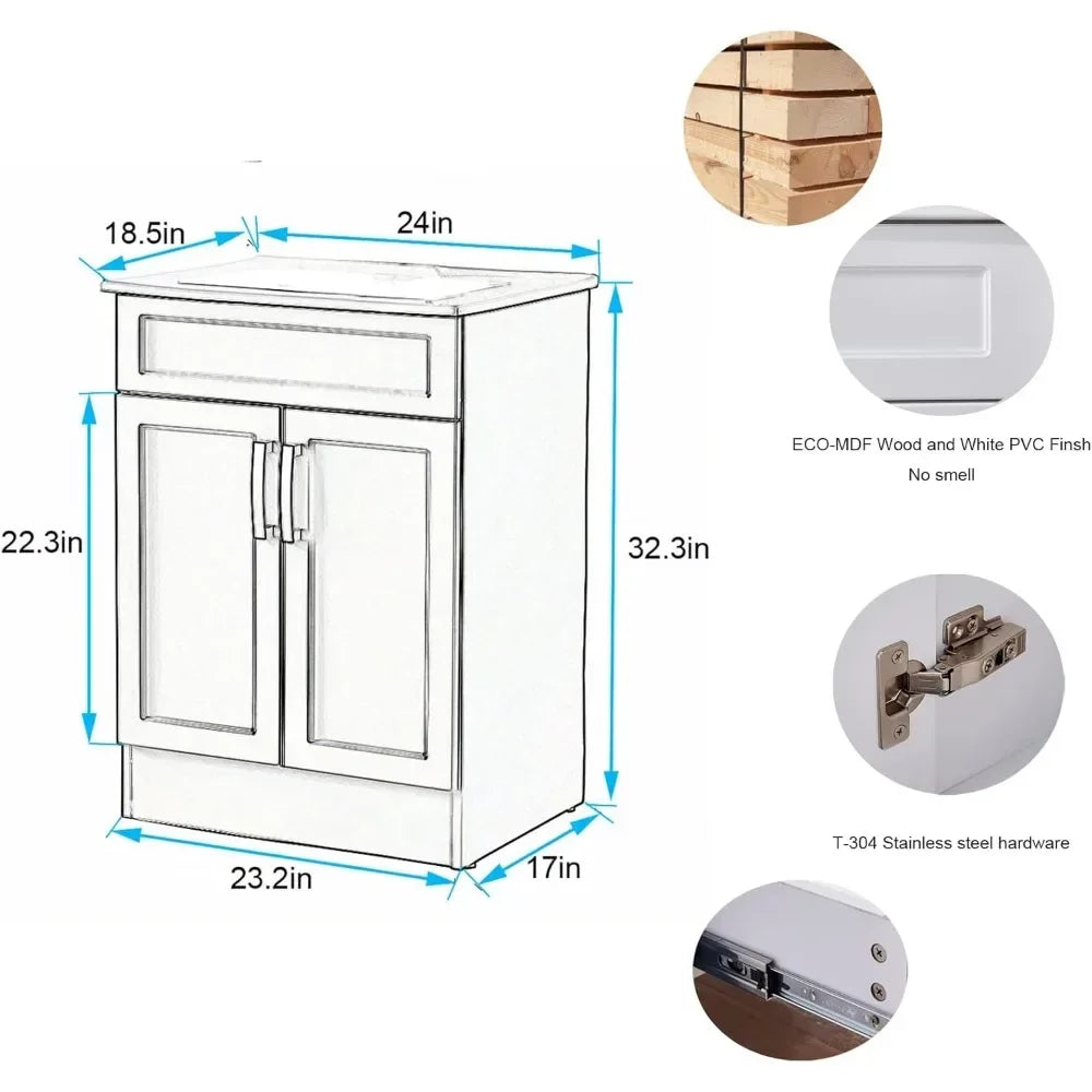 24" White Bathroom Vanity with Ceramic Sink – Modern Small Bathroom Vanity Cabinet with Double Doors