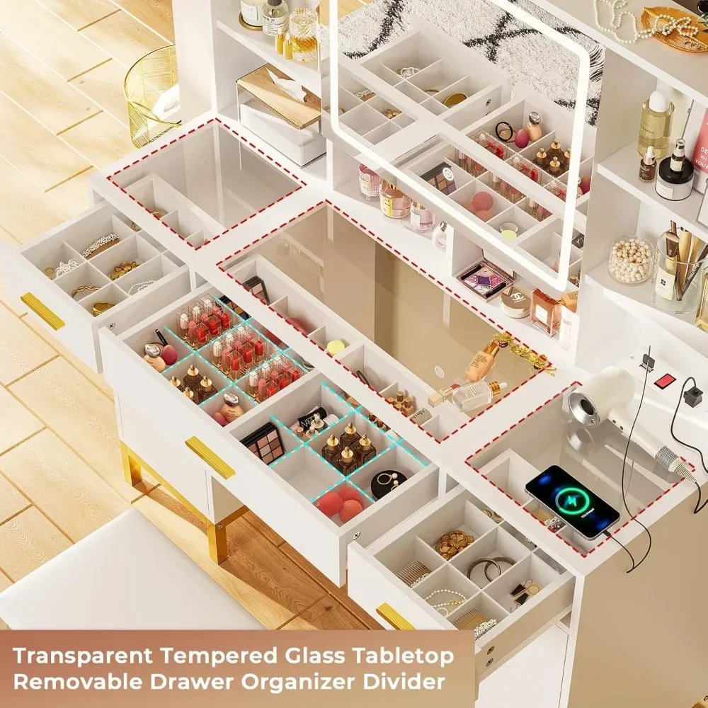 Vanity Desk with Openable Mirror and Lights, Glass Tabletop Makeup Vanity Set with Charging Station, 3 Drawers