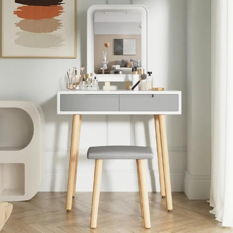 31.5" Small Vanity Desk with Lighted Mirror and Drawers – Compact Makeup Table with Adjustable LED, Stool Included
