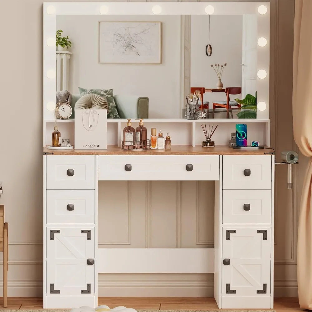 Makeup Vanity Desk with Mirror, Lights & Power Outlet – 43" Dressing Table with Drawers & Barn-Style Cabinets