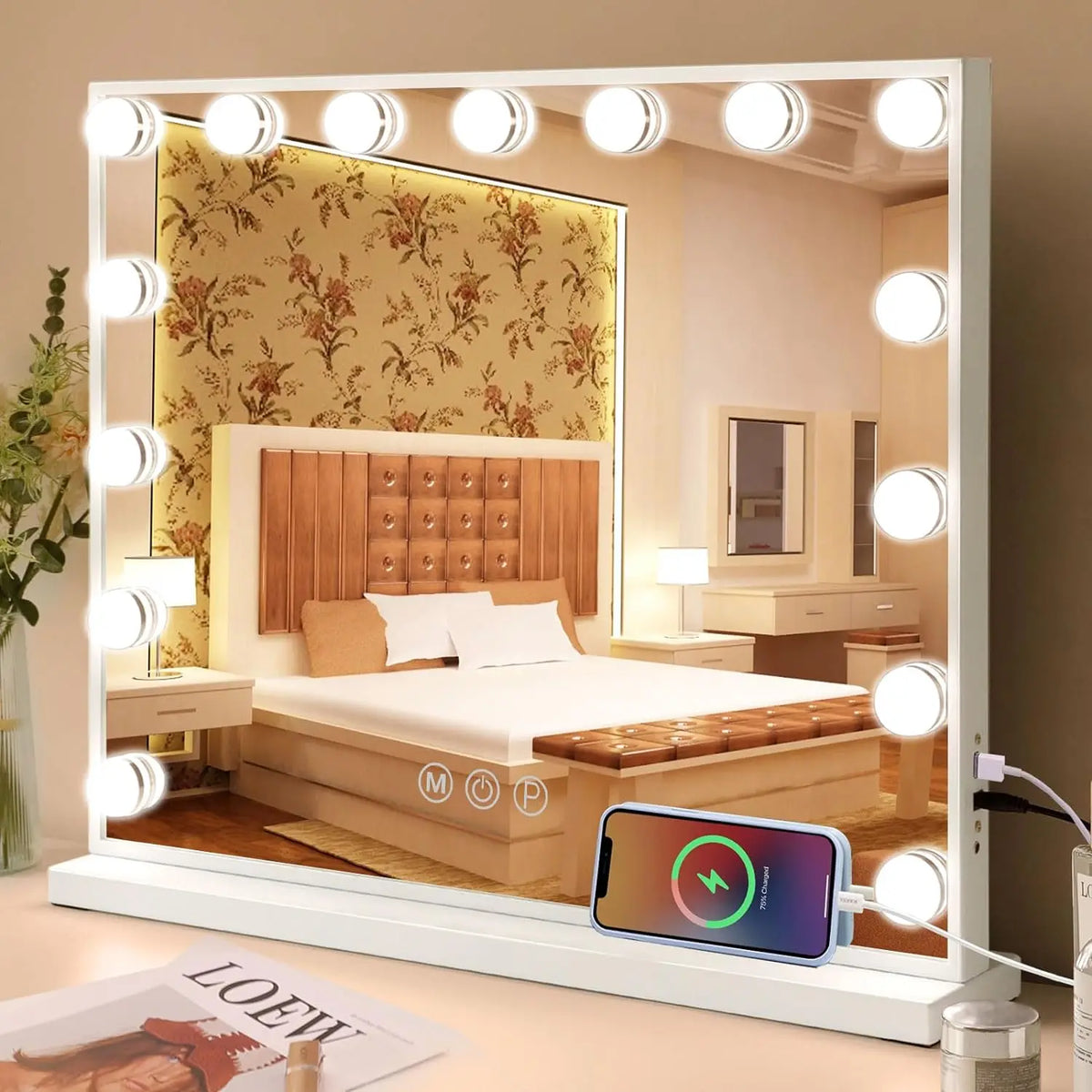 Vanity Mirror with Lights and Bluetooth Speaker Support Answer Call, Touch Screen, 3 Color Modes Tabletop 15 Dimmable Bulbs