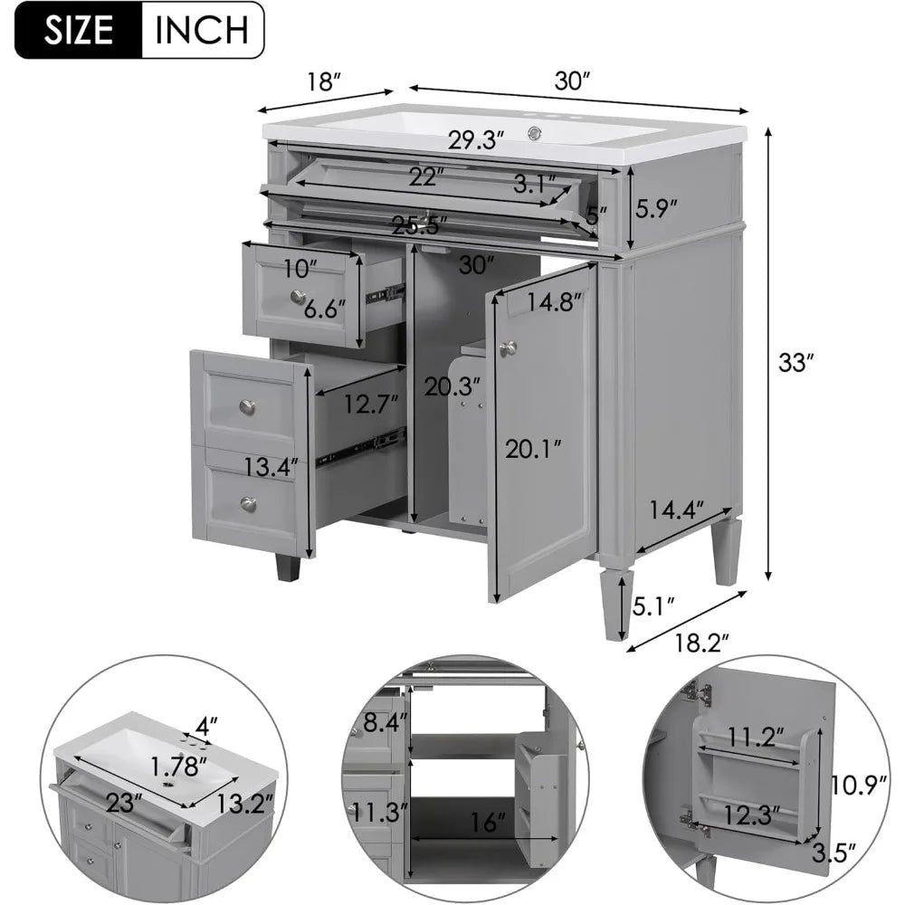 30" Bathroom Vanity with Sink – Freestanding Cabinet with 2 Drawers & Tip-Out Drawer