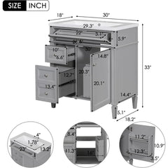 30" Bathroom Vanity with Sink – Freestanding Cabinet with 2 Drawers & Tip-Out Drawer
