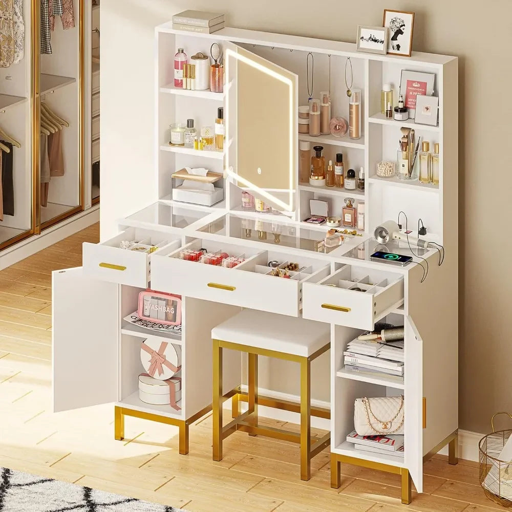 Vanity Desk with Openable Mirror and Lights, Glass Tabletop Makeup Vanity Set with Charging Station, 3 Drawers