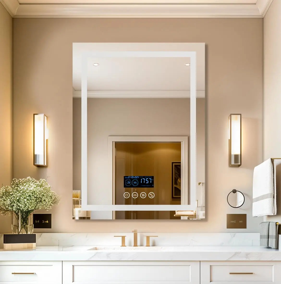 Square LED Bathroom Mirror with Bluetooth Speaker & Anti-Fog – Front & Backlit Smart Vanity Mirror