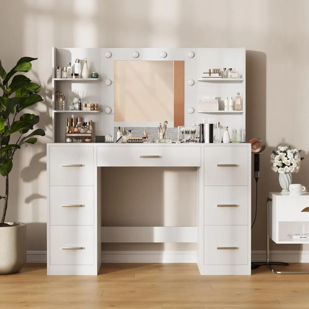 Vanity Makeup Desk with Mirror, LED Lights & Charging Station - 7 Drawers & 6 Storage Shelves