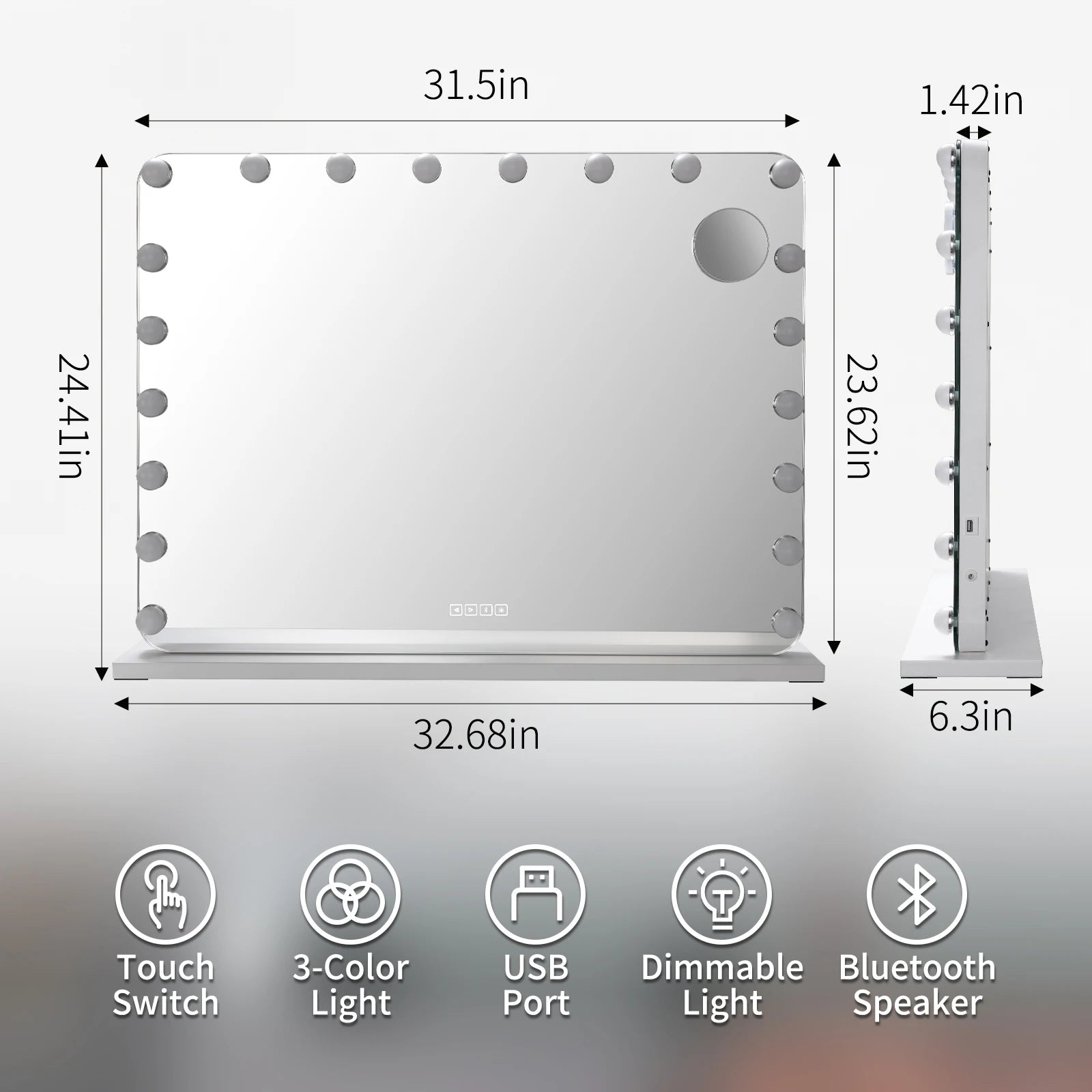 Hollywood Vanity Mirror with Lights, Bluetooth & USB – 31.5"x24.4" Makeup Mirror with 20 Dimmable Bulbs