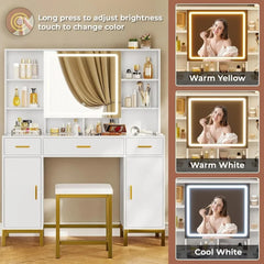 Vanity Desk with Openable Mirror and Lights, Glass Tabletop Makeup Vanity Set with Charging Station, 3 Drawers