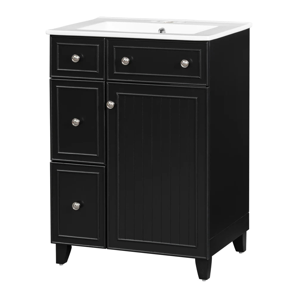 24-Inch Blue Bathroom Vanity Cabinet with Ceramic Sink, 2 Drawers & 1 Door – Solid Wood & MDF Construction