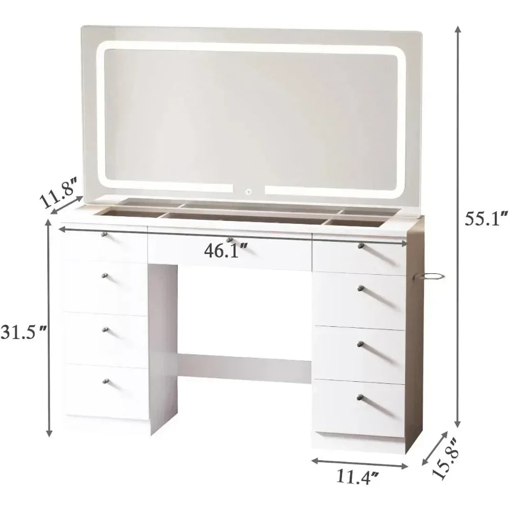 46-Inch Makeup Vanity Desk with Mirror, Lights & Power Outlet
